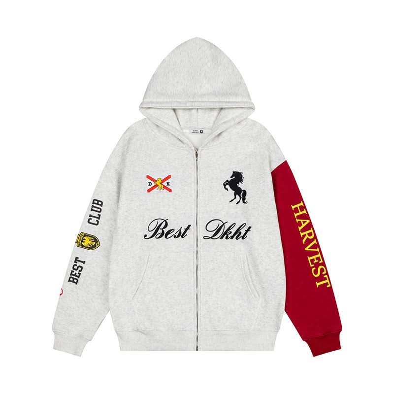 Color-block Embroidery Hoodie Loose Open Front Sweatshirt Casual Couple Fashion Coat