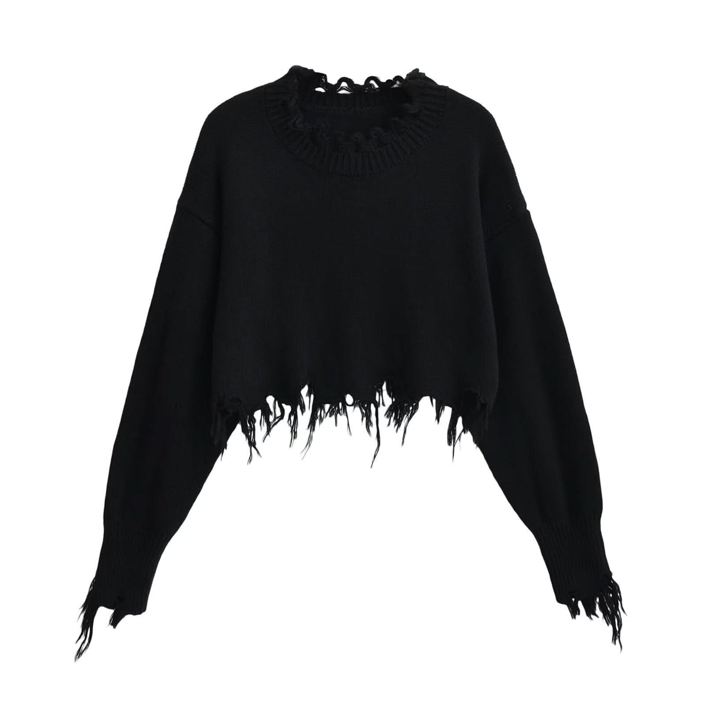 Broken hole tassel short crop top sweater with exposed navel