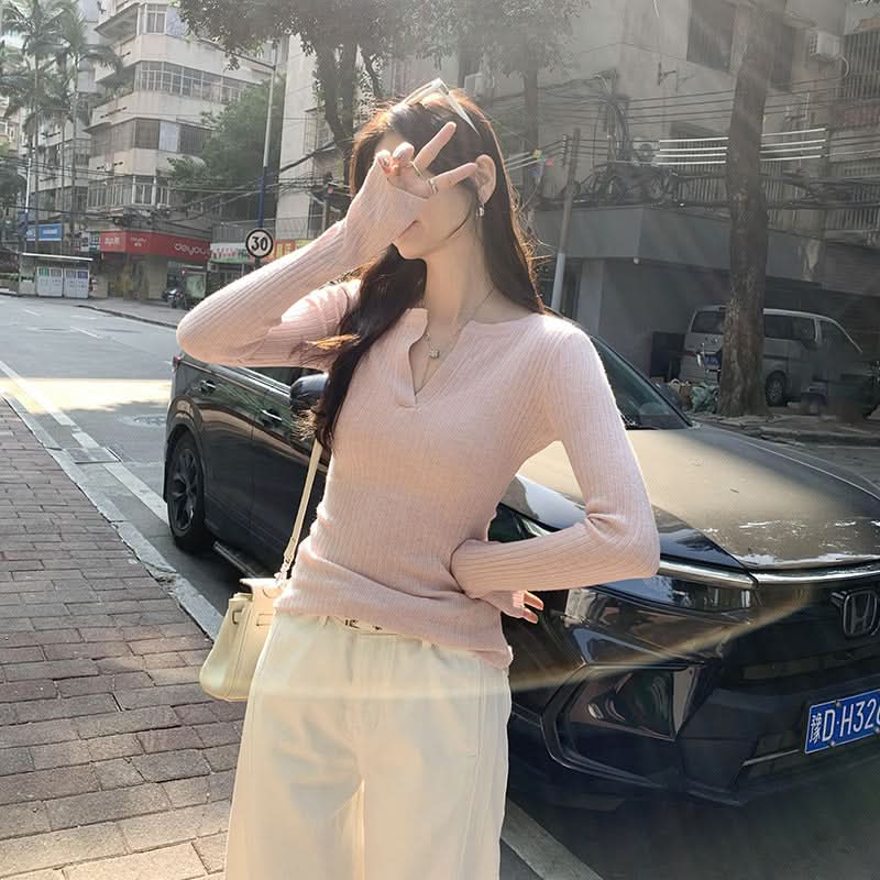 Sexy Wool V-Neck Slim Fit Knit Innerwear Top for Women