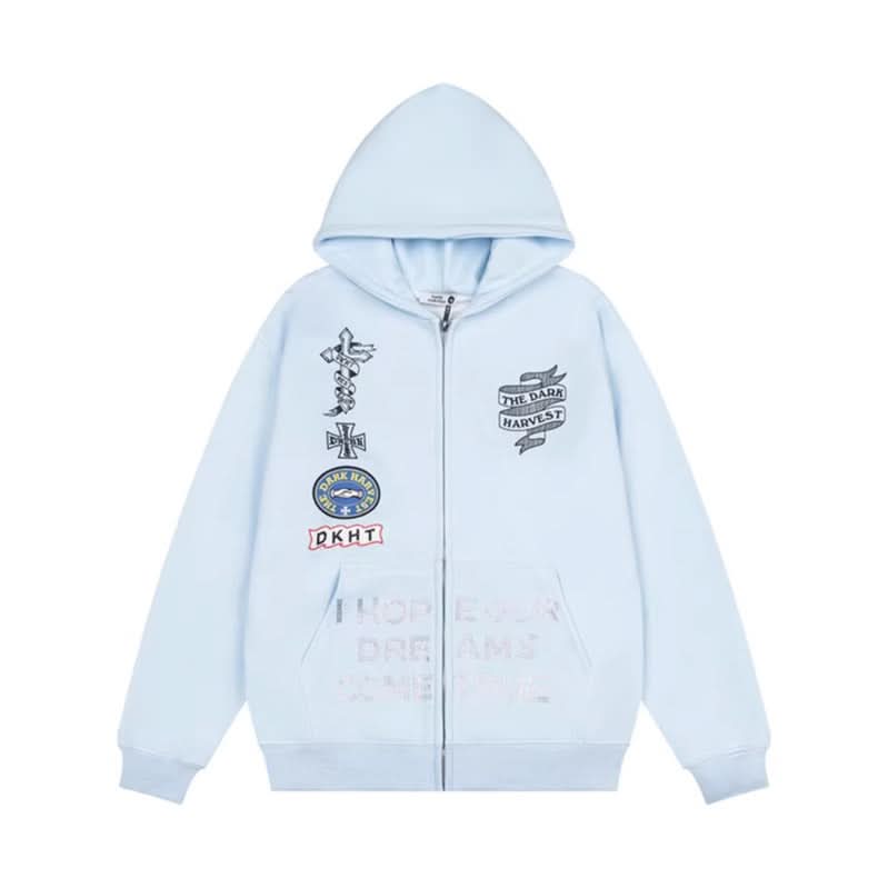 Embroidery Hooded Zip-Up Sweatshirt Unisex Loose Versatile Fleece Lined Jacket Trendy