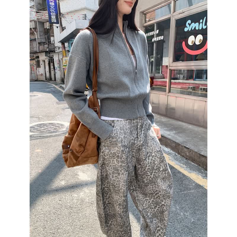 Chic Zippered Knit Cardigan Coat for Women, Long Sleeve, Stand Collar, Short Length