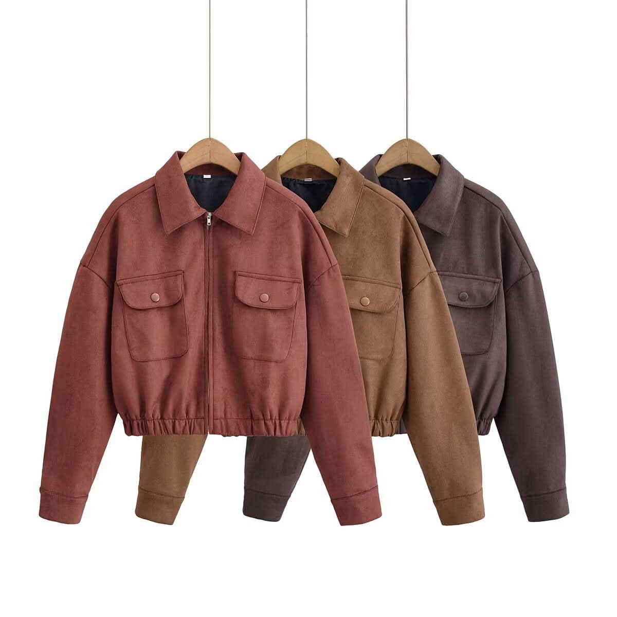 Umlegekragen Tasche Saum lockere Wildlederjacke