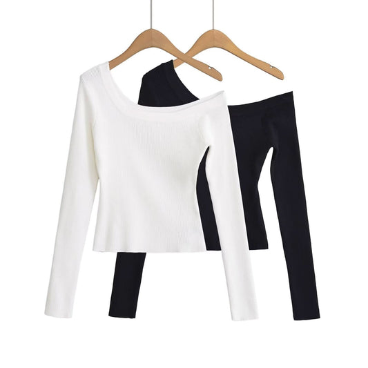 Schrägschulter-Off-Shoulder-Pullover mit elastischer, schmaler Passform