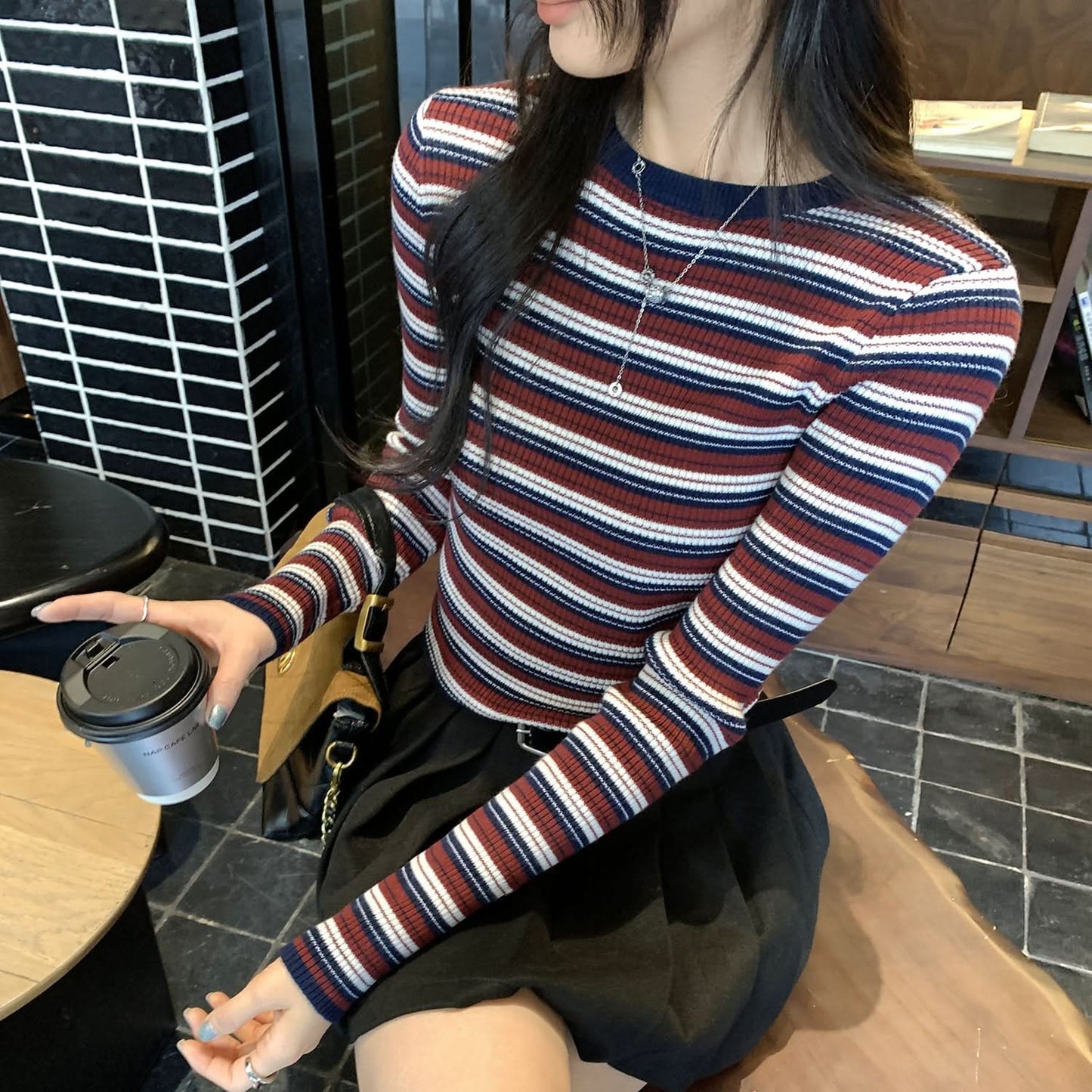 Striped Round Neck Knit Top for Women, Slim Fit, Short Length Long Sleeve Inner Wear