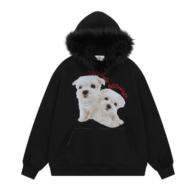 Cute Dog Print Fleece-Lined Hoodie Unisex Casual Loose Sweatshirt