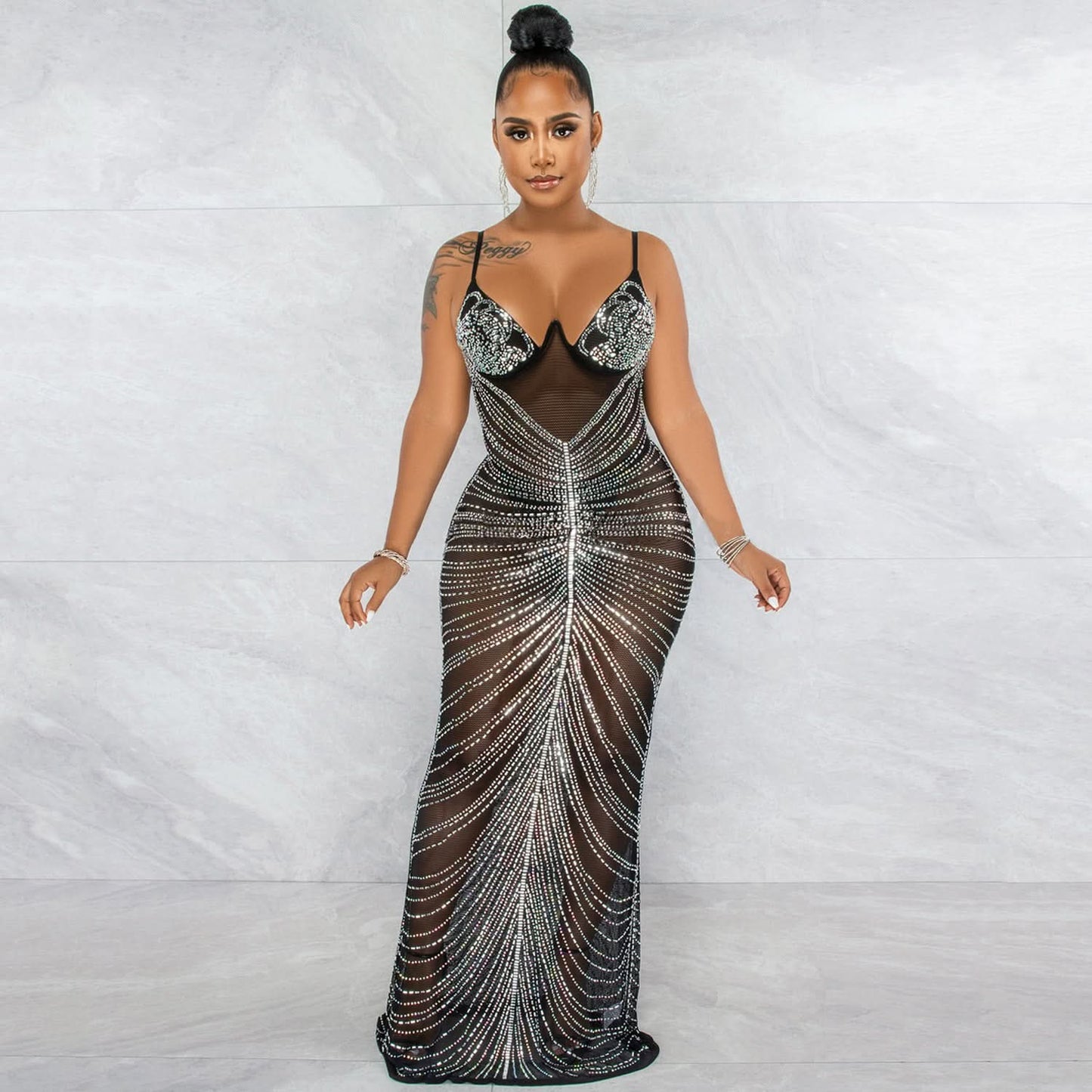 Fashion Sexy Beaded Strapless Sheer Mesh Long Dress