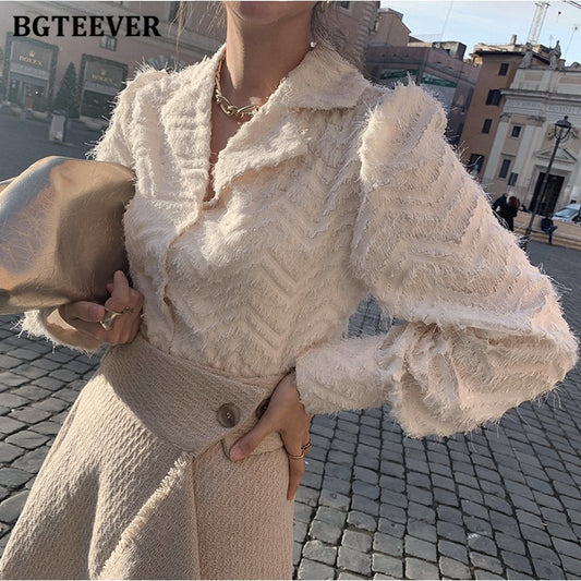 BGTEEVER Elegant Notched Collar Women Tassels Shirts Blouses  Spring New Single-breasted Female Workwear Shirts Tops Blusas