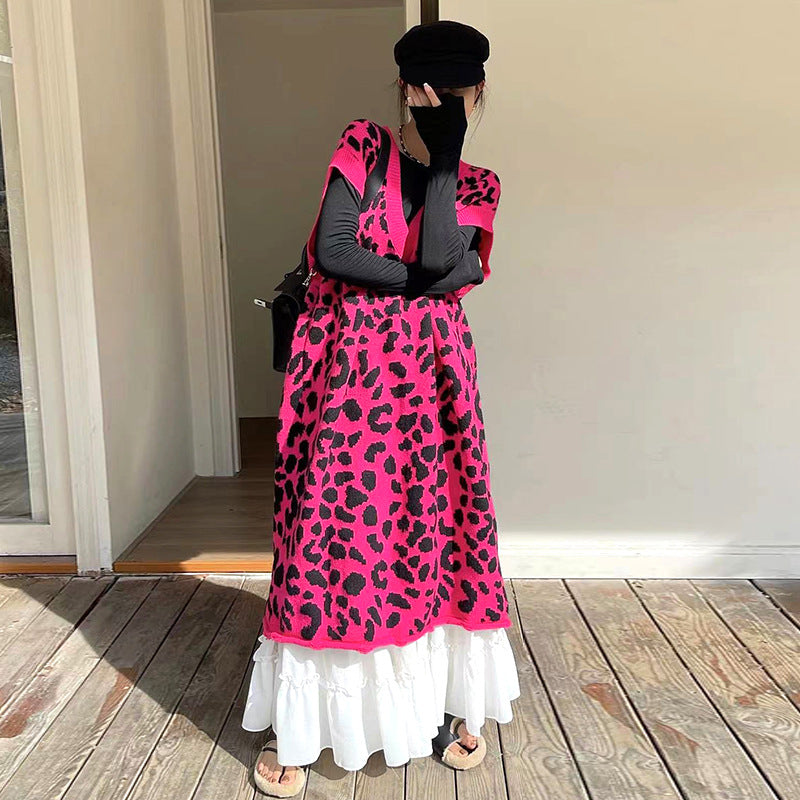 Leopard Print Sleeveless Knit Dress For Women Autumn New V-neck Loose Versatile Ankle Length Vestido Robe