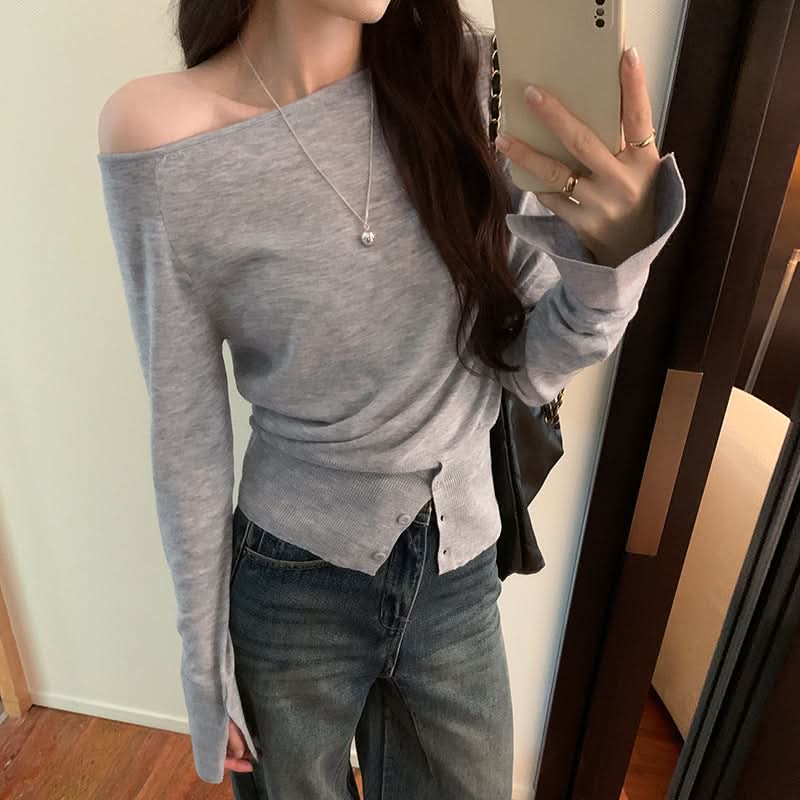 Laid-back Soft Style Off-Shoulder Asymmetrical One-Shoulder Loose Knit Top for Women