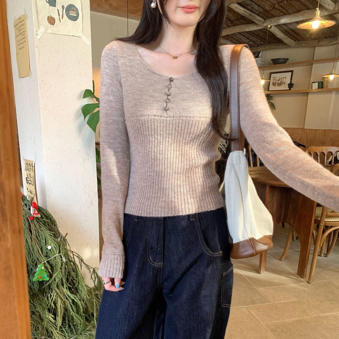 Pink V-Neck Ribbed Knit Sweater for Women, Slim Fit, Short Top Wear