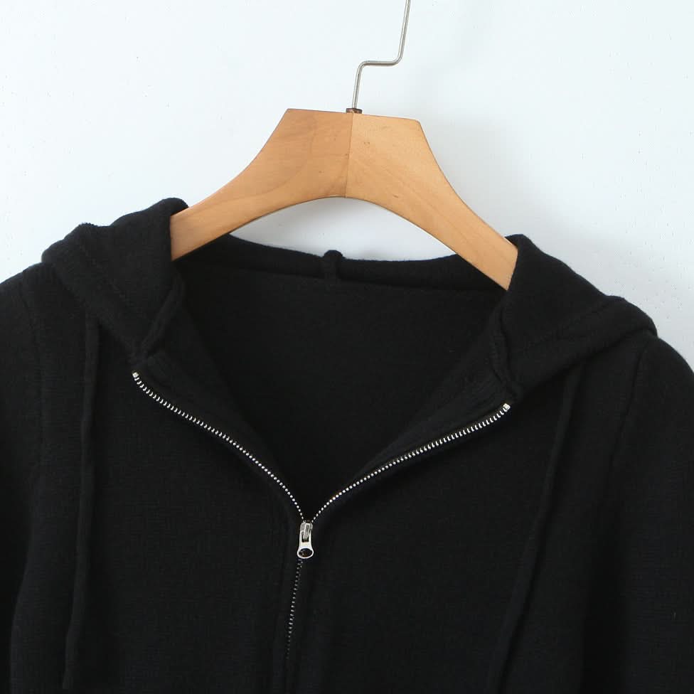Elastic slim fit drawstring hooded zipper top
