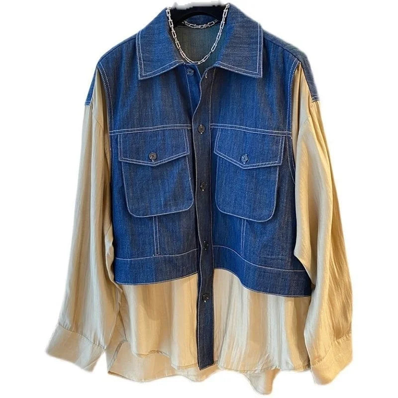 Denim Spliced Shirt For Women Fake Two-piece Contrast Big Size Fashion Long Sleeve Blusas  Autumn New Tide Female Top