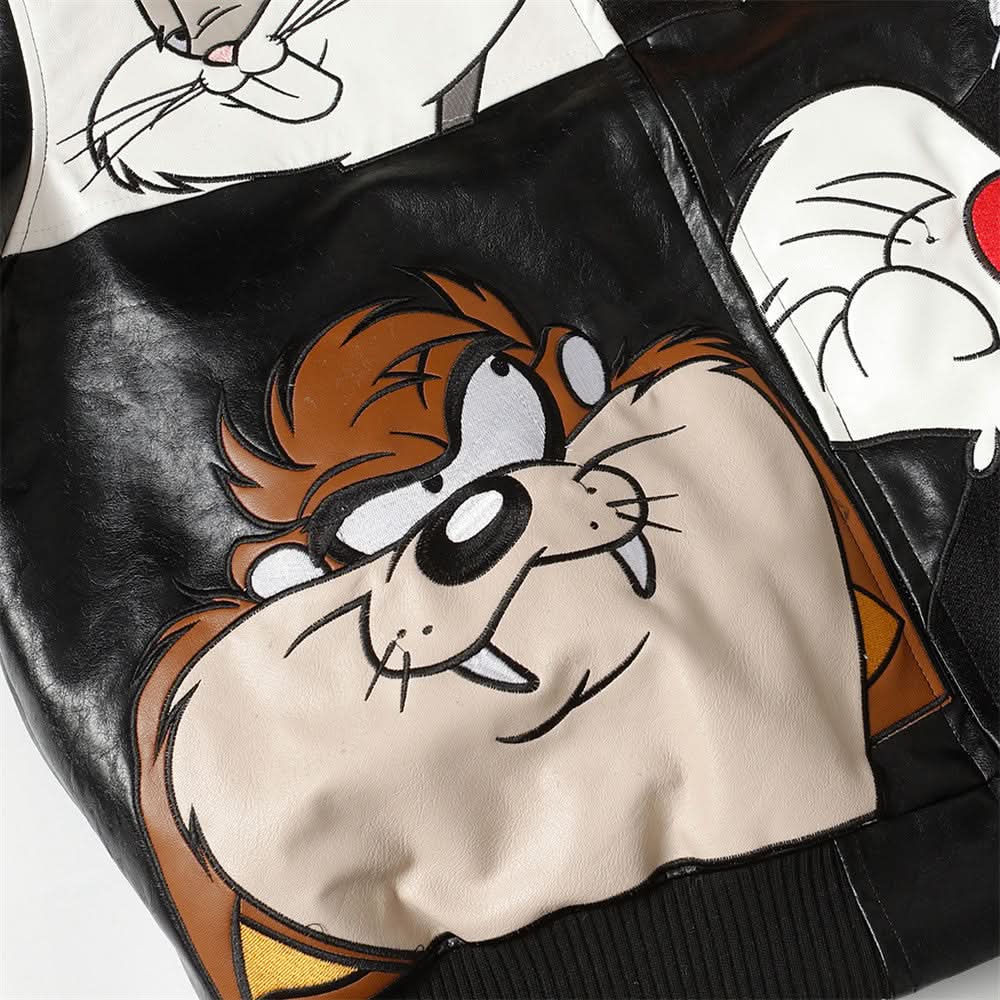 Embroidery creative cartoon loose collar leather jacket