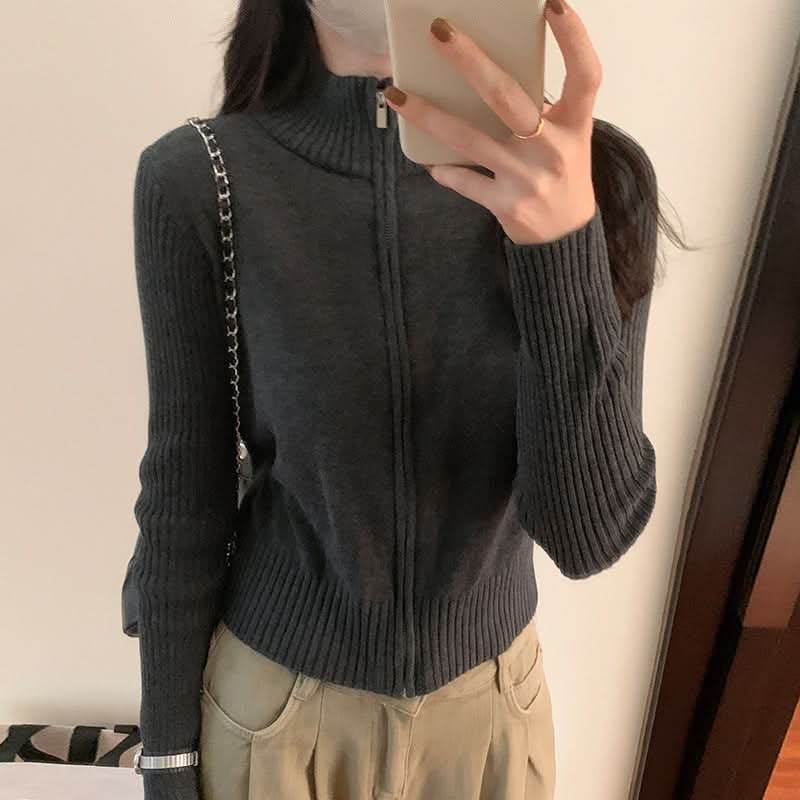 Simple High Neck Knit Cardigan Top for Women,Versatile, Slim Fit, Zipper Sweater Coat