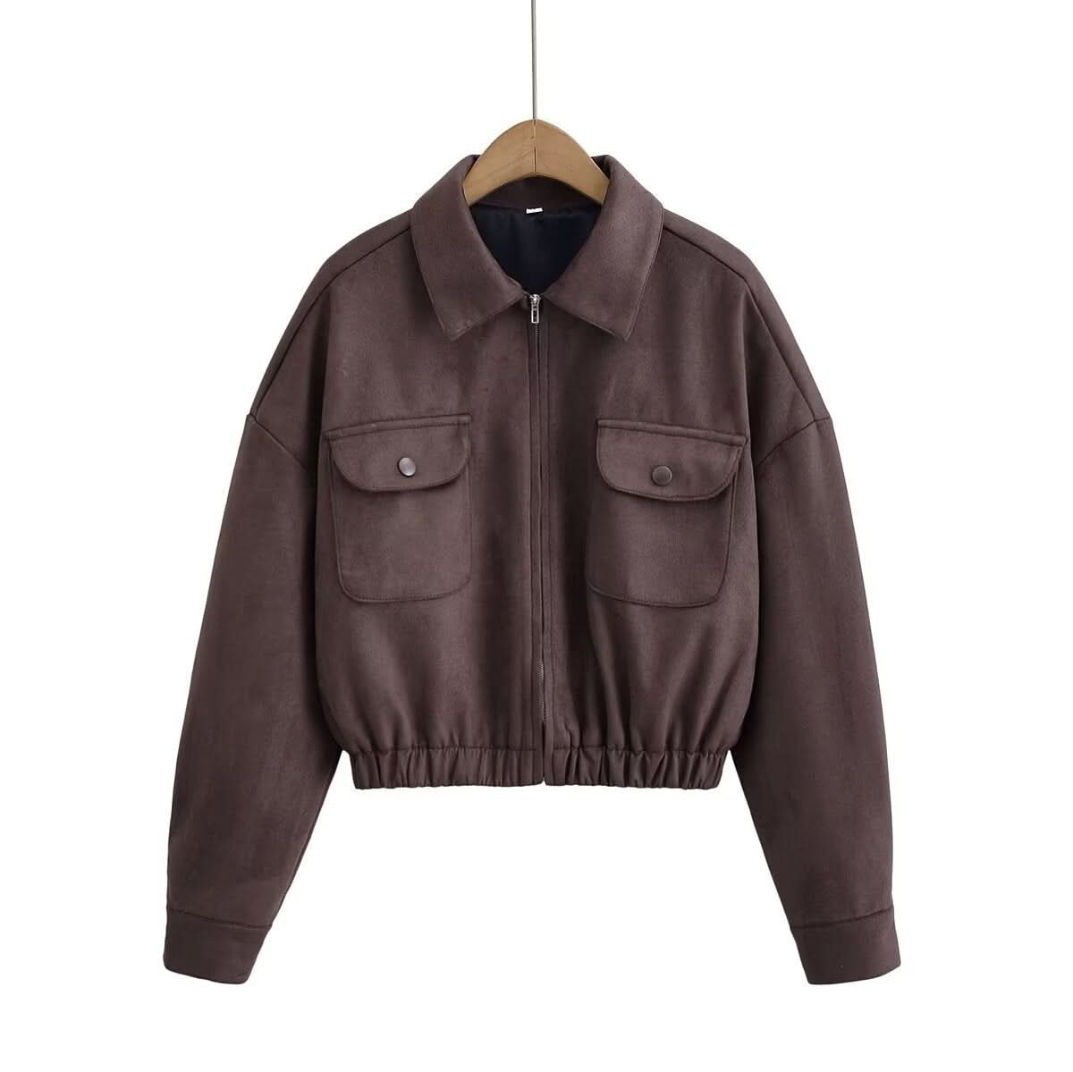 Umlegekragen Tasche Saum lockere Wildlederjacke
