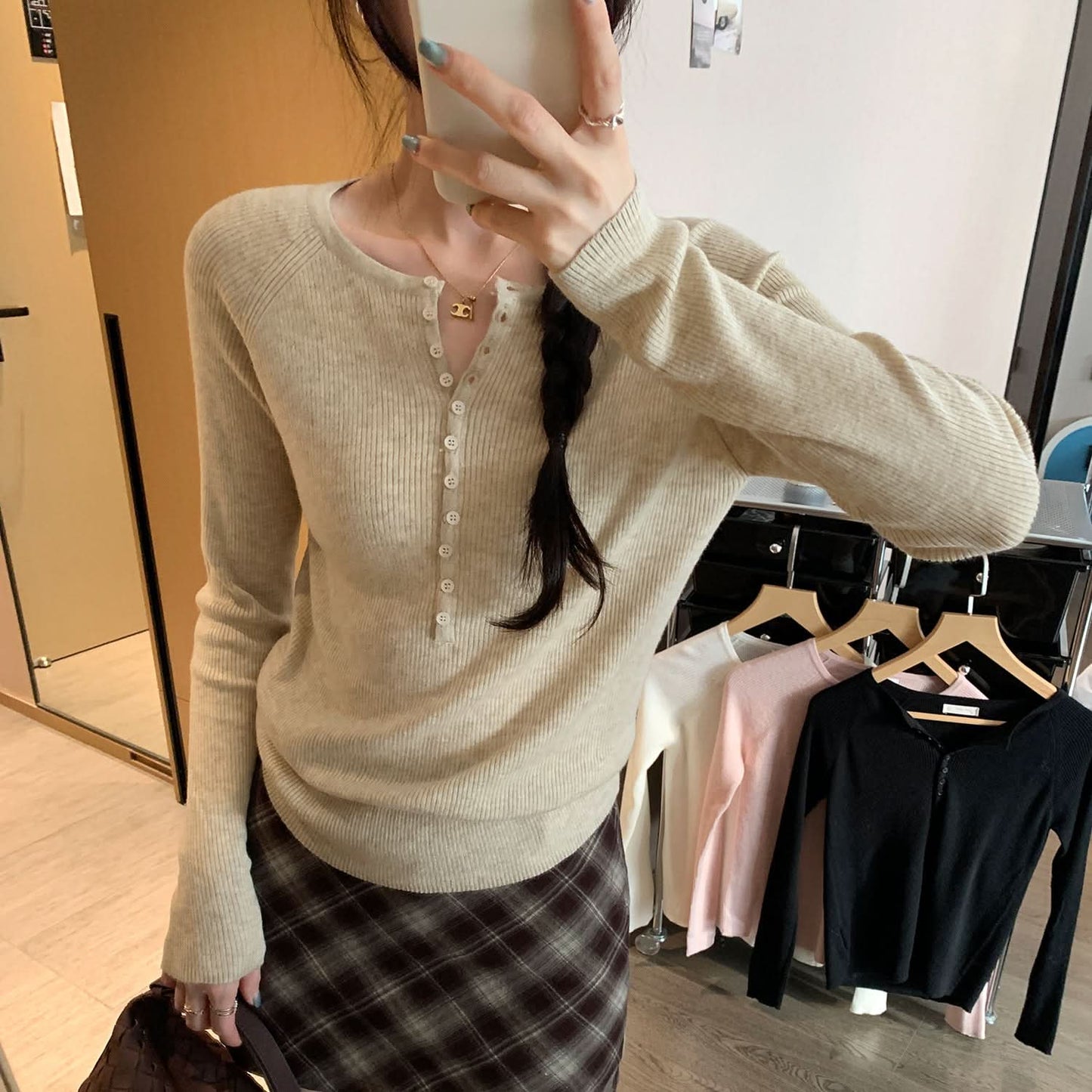 Henley Neck Pink Knit Top for Women,Slim Fit, Elegant Innerwear Shirt