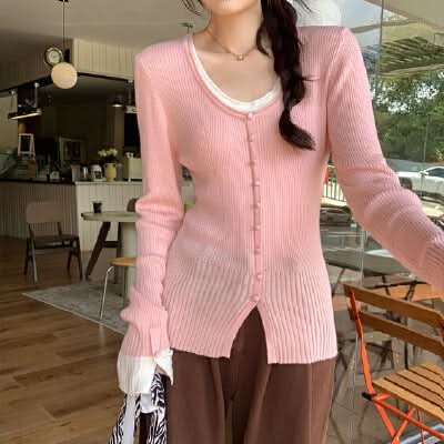 Chic Pink Long Sleeve Knit Sweater for Women, Fitted Slim Fit, Layered Look Top