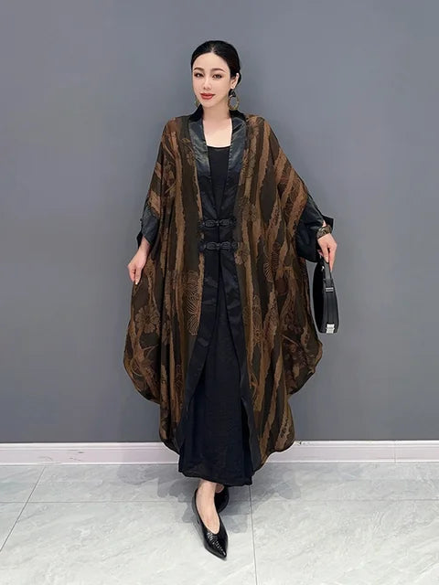 Fashion Printed Dress For Women V-neck Dial Buckle Batwing Sleeve Patchwork Loose Vestido Summer New Tide