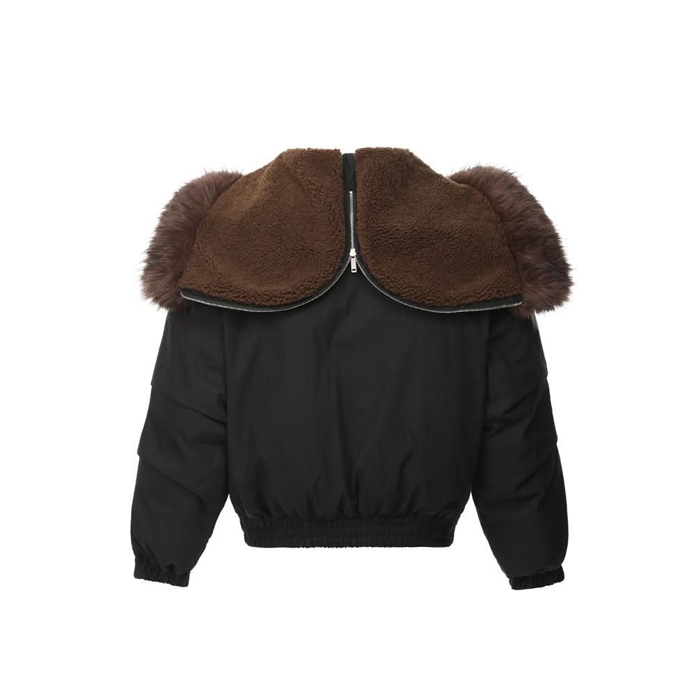 Cow horn buttoned fur collar hooded cotton jacket