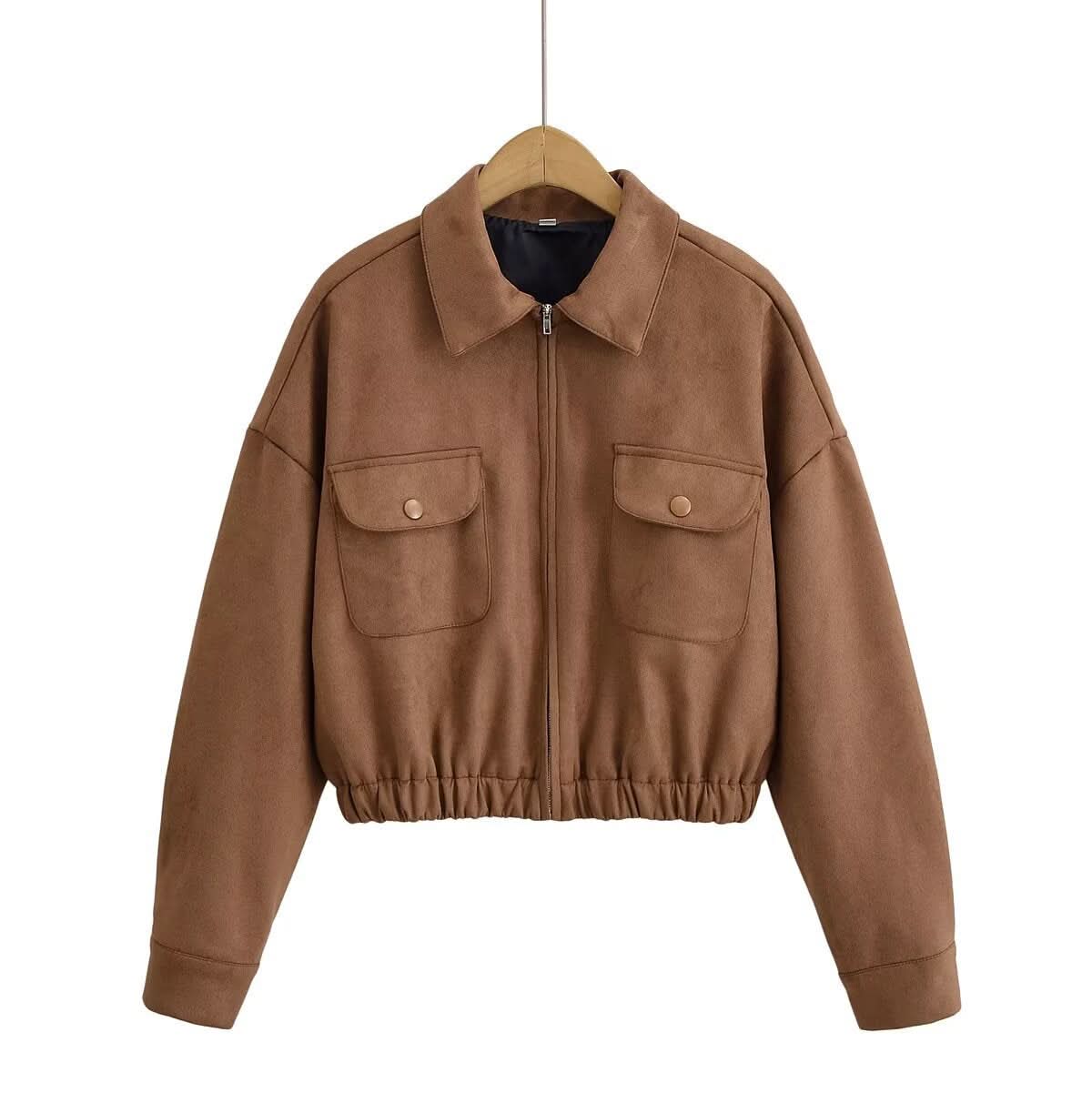 Umlegekragen Tasche Saum lockere Wildlederjacke