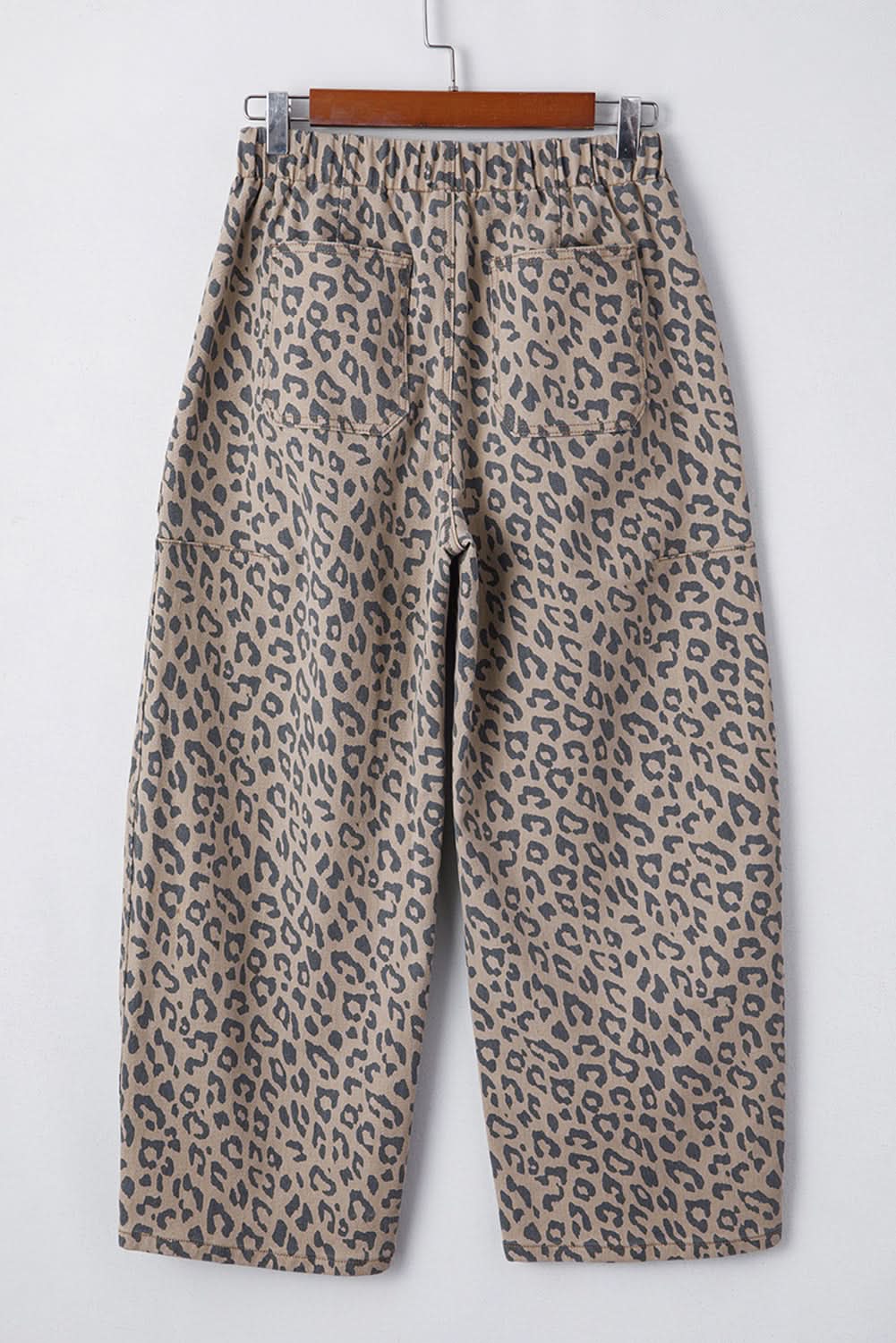 Khaki Leopard Printed Drawstring Elastic Waistband Pocketed Barrel Jeans