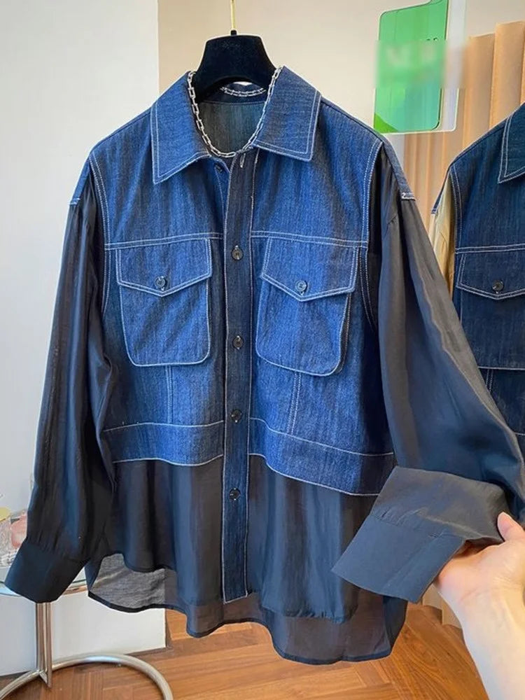 Denim Spliced Shirt For Women Fake Two-piece Contrast Big Size Fashion Long Sleeve Blusas  Autumn New Tide Female Top