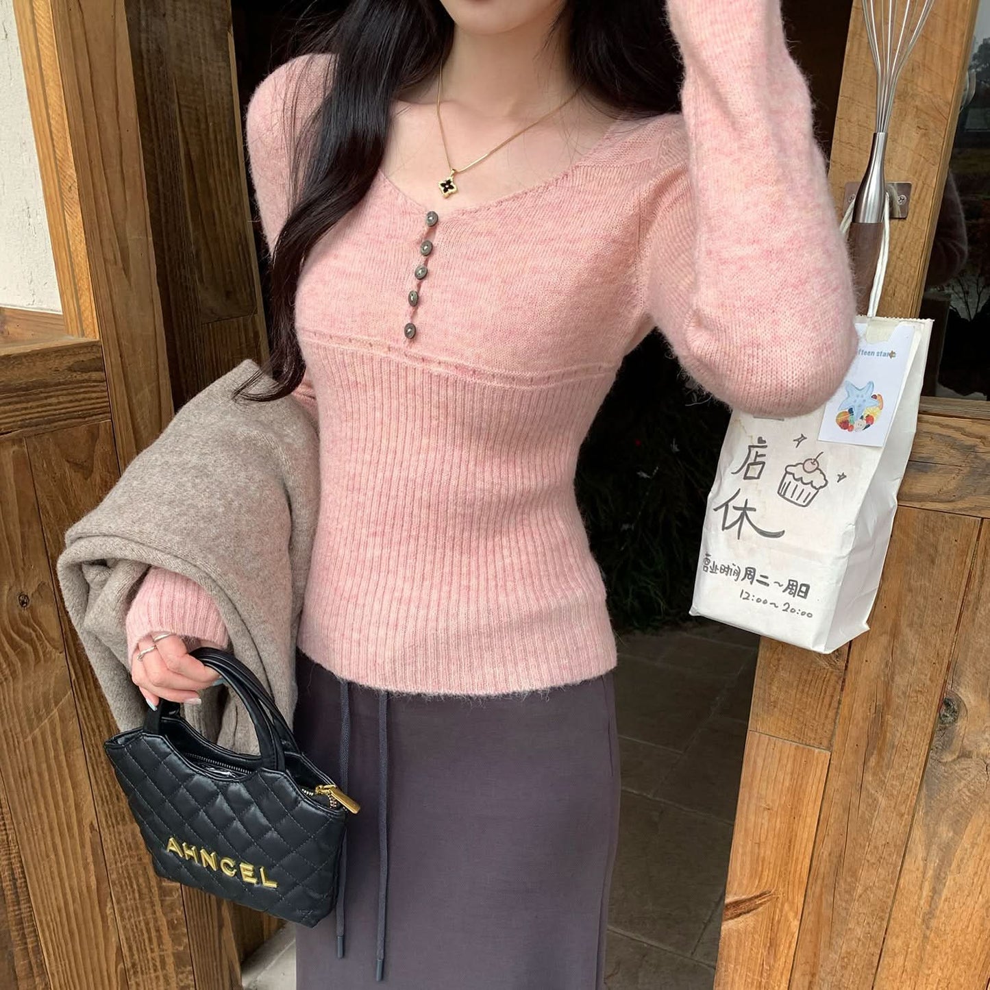 Pink V-Neck Ribbed Knit Sweater for Women, Slim Fit, Short Top Wear