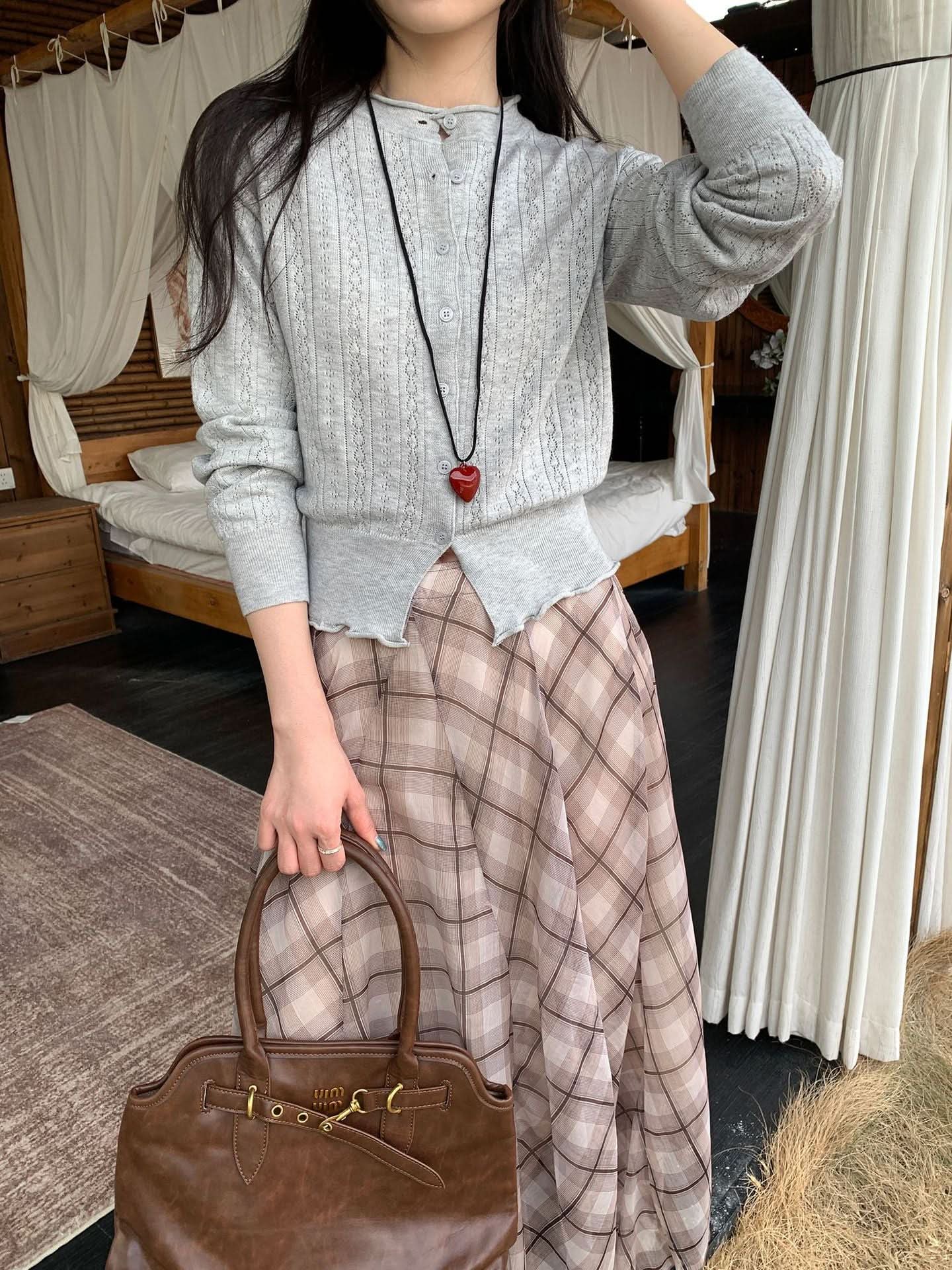 Preppy Style Hollow Out Pattern Round Neck Knit Cardigan Coat for Women