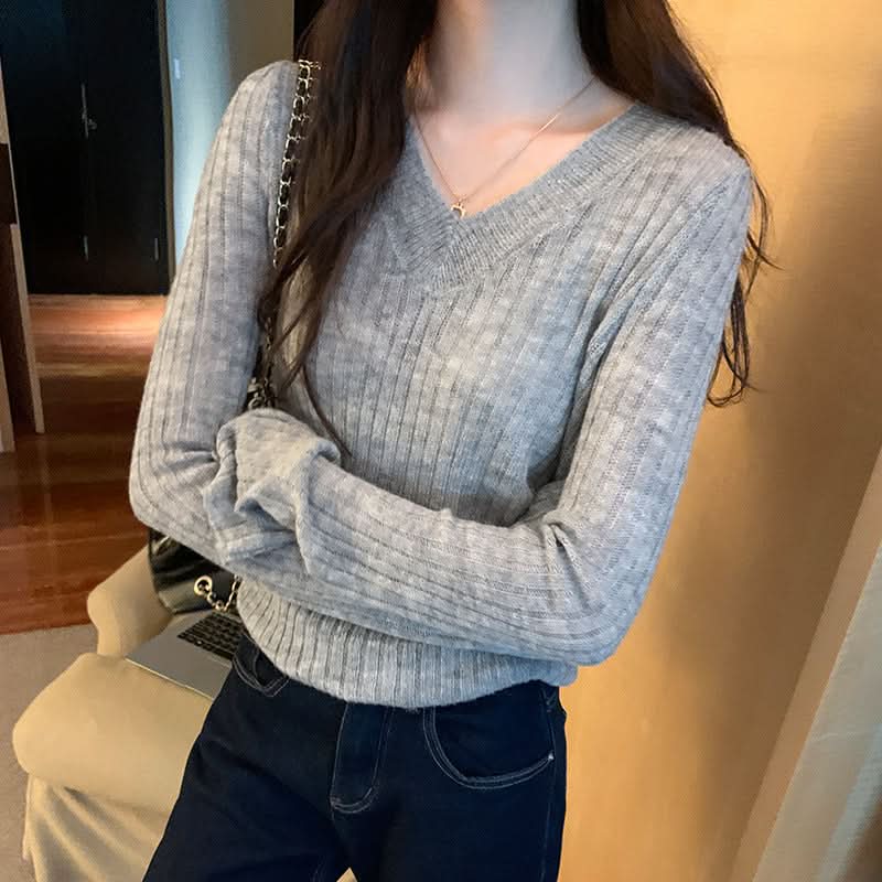 Lazy V-Neck Knitted Sweater Top for Women, Fitted Slim Fit Long Sleeve Inner Layer, Versatile Casual Top