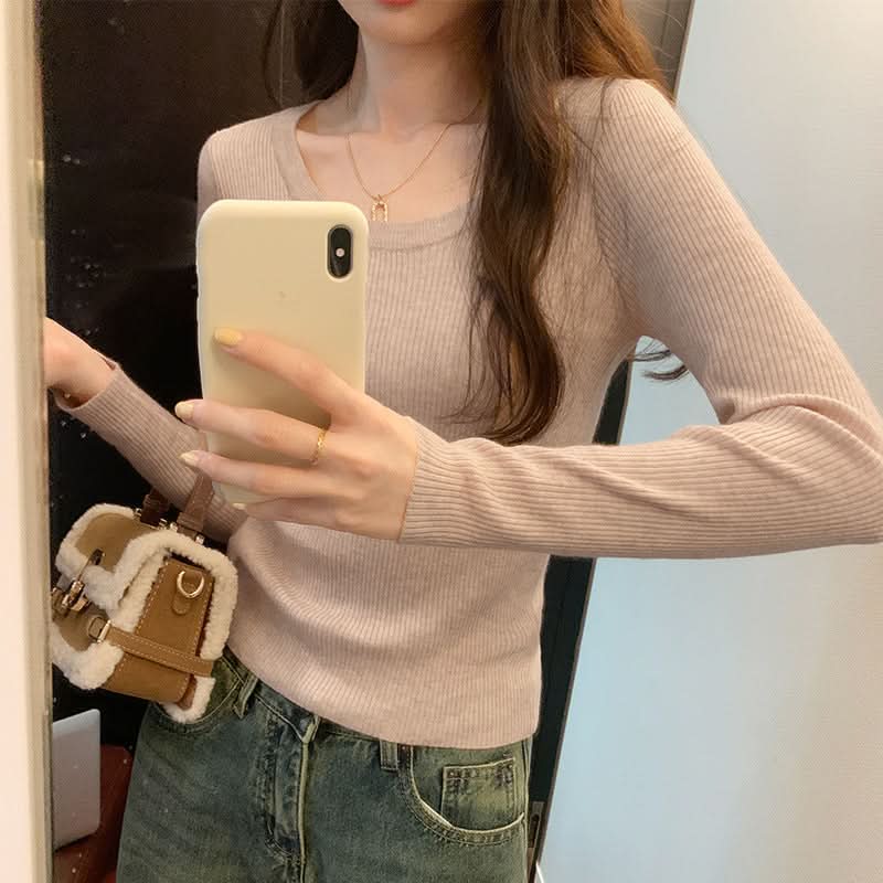 Simple Solid Color Long Sleeve T-Shirt for Women, U-Neck, Regular Shoulder