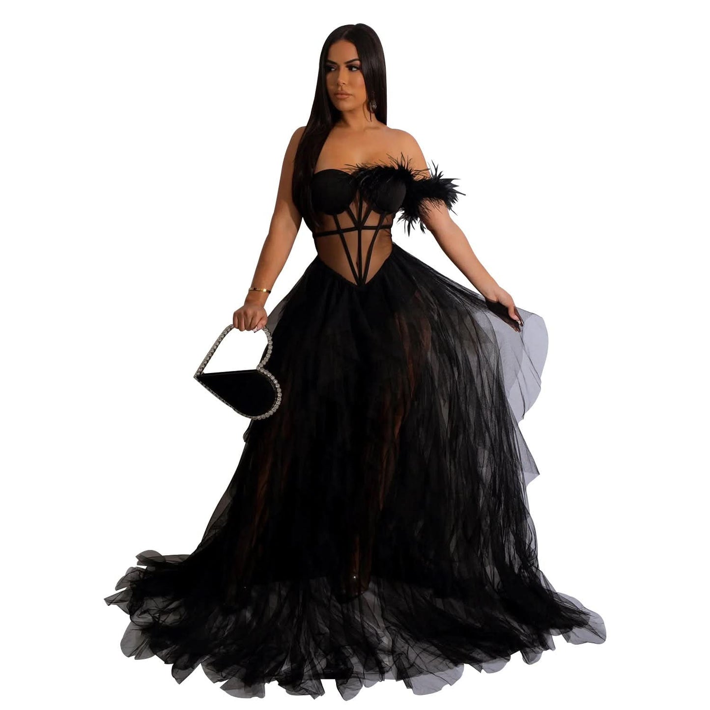 Fashion Women's Solid Color Sleeveless Bustier Mesh Long Dress