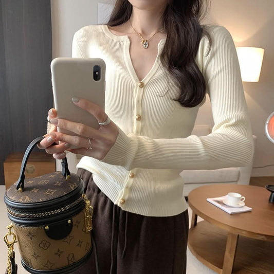 Inner Layer Strickpullover, kurz geschnittene V-Ausschnitt-Strickjacke für Damen