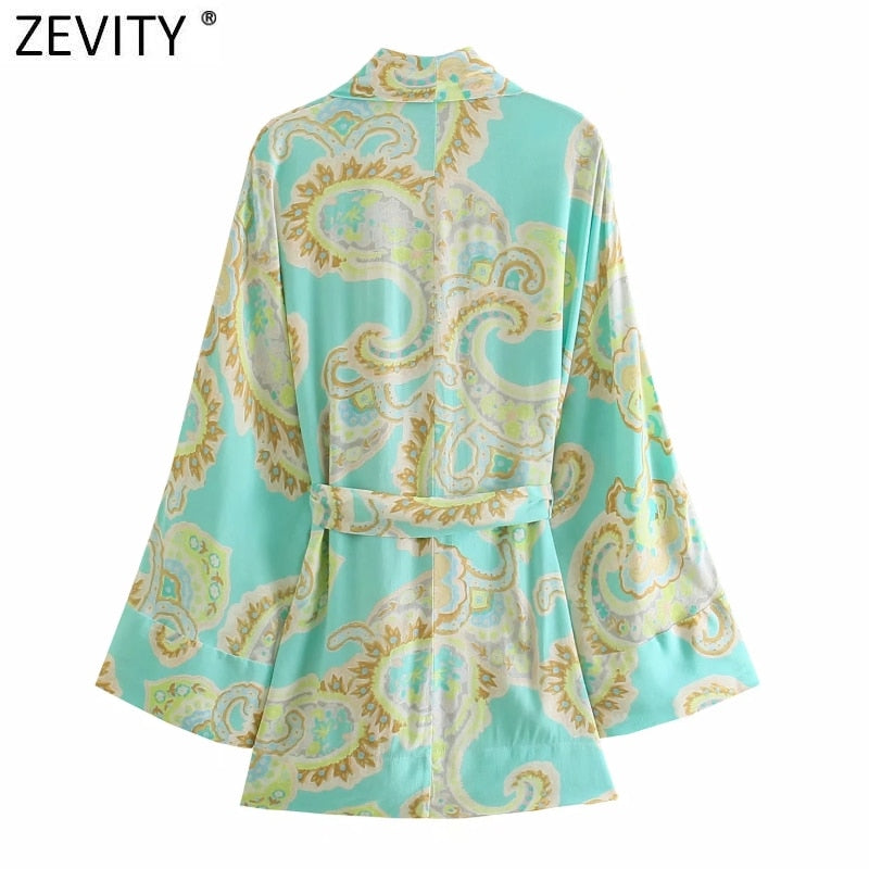 Zevity Women Vintage Totem Floral Print Bow Tied Sashes Kimono Smock Blouse Female Open Stitching Shirts Chic Blusas Tops LS9315