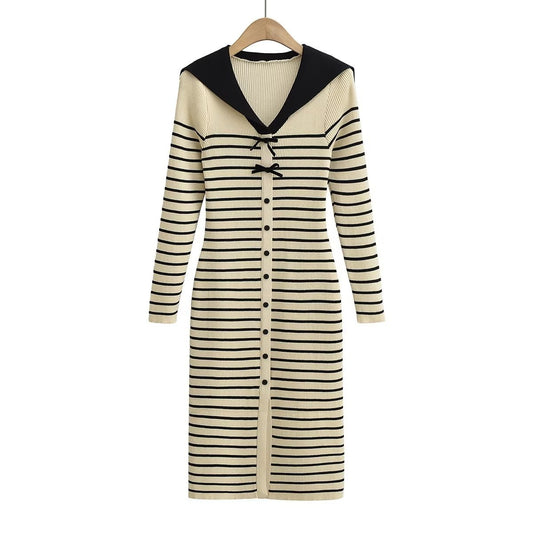 Tingfly Women Fashion Sailor Collar Striped Button Decor Knitting Knee Length Dress Lady Long Sleeve Bodycon Slim Vestido Elbise