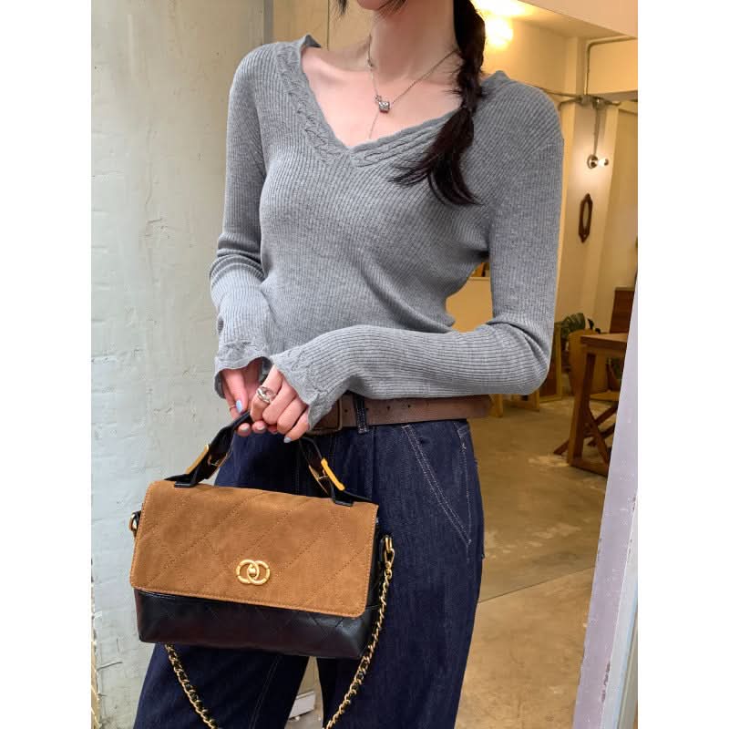 Elegant High-Intellect Purple V-Neck Knit Top for Women, Slim Fit,  Long Sleeve, Casual Wear