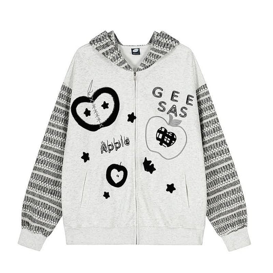 Striped Patchwork Hooded Sweatshirt Casual Open Front Cardigan Coat
