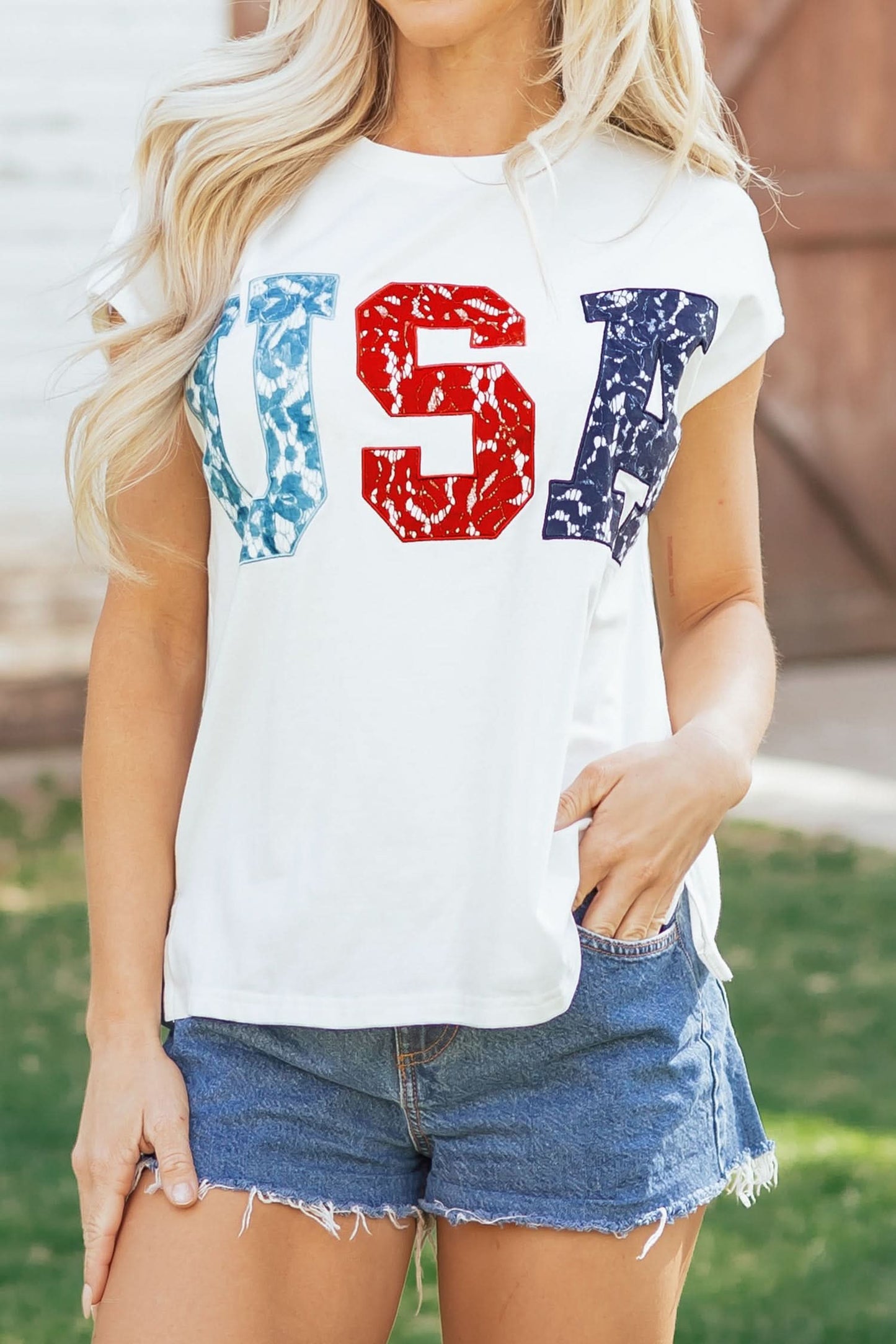 White USA Color Block Letter Printed Dolman Tee