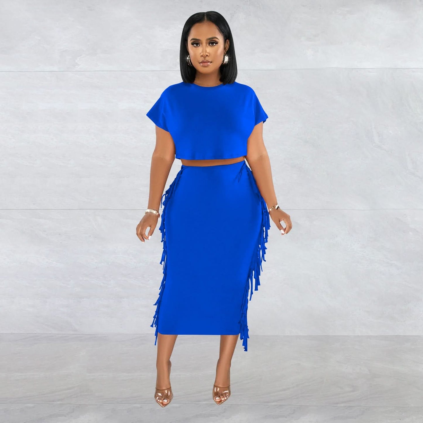 FashionableStyle Solid Color Fringe Round Neck Short Sleeve Long Dress Two-Piece Set