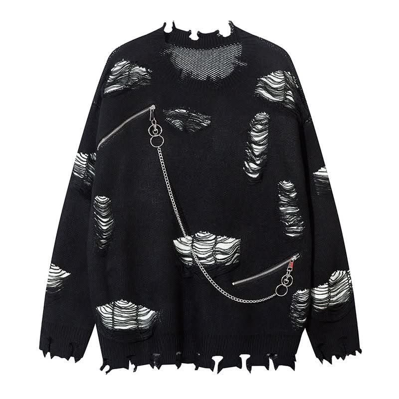Knitted Sweater with Ripped Chain Splicing  Casual Couple's Loose Sweater