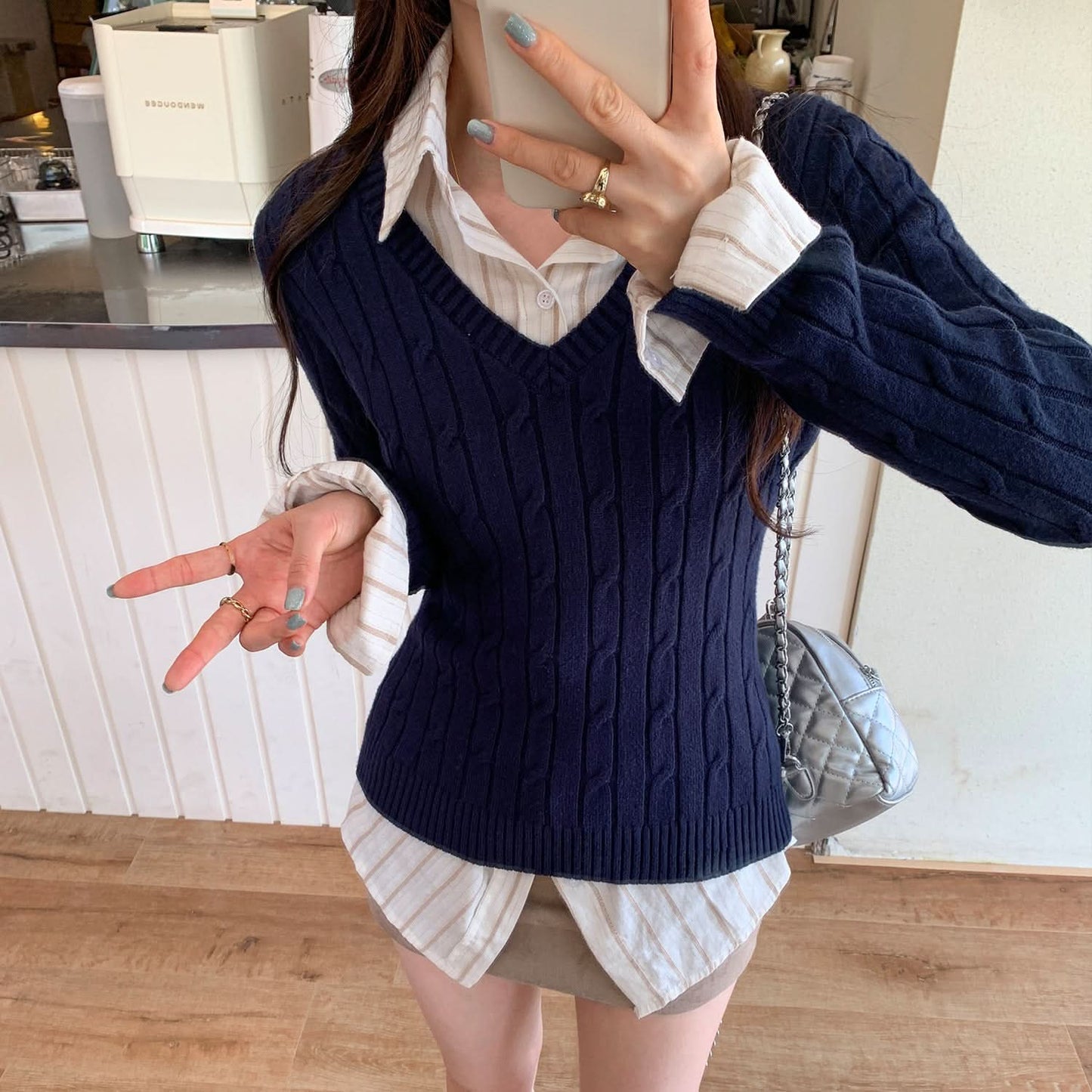 Solid Color Cable Knit V-Neck Long Sleeve Inner Layer Sweater Top for Women