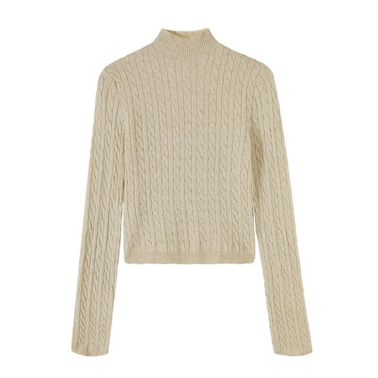 Chic Gray Cable Knit Crewneck Sweater Top for Women,  Slim Fit Short Length Underwear Shirt