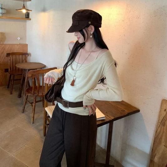 Choker Neckline Sexy Cami Inner Layer Long Sleeve Knit Cardigan Two-Piece Set