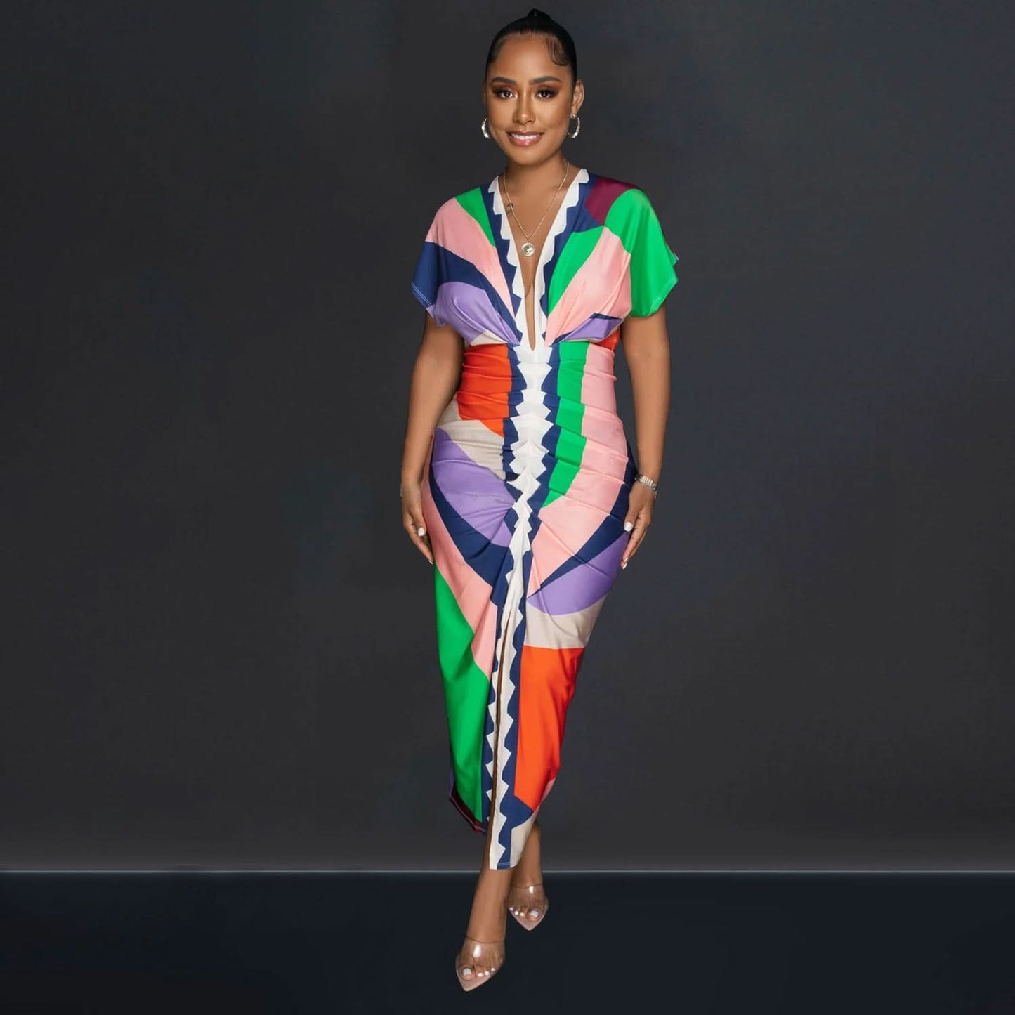 Fashion Women's V-neck Printed Pleated Split Long Dress
