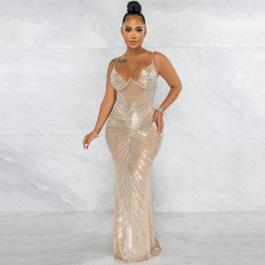 Fashion Sexy Perlenbesetztes Trägerloses Transparentes Mesh-Kleid