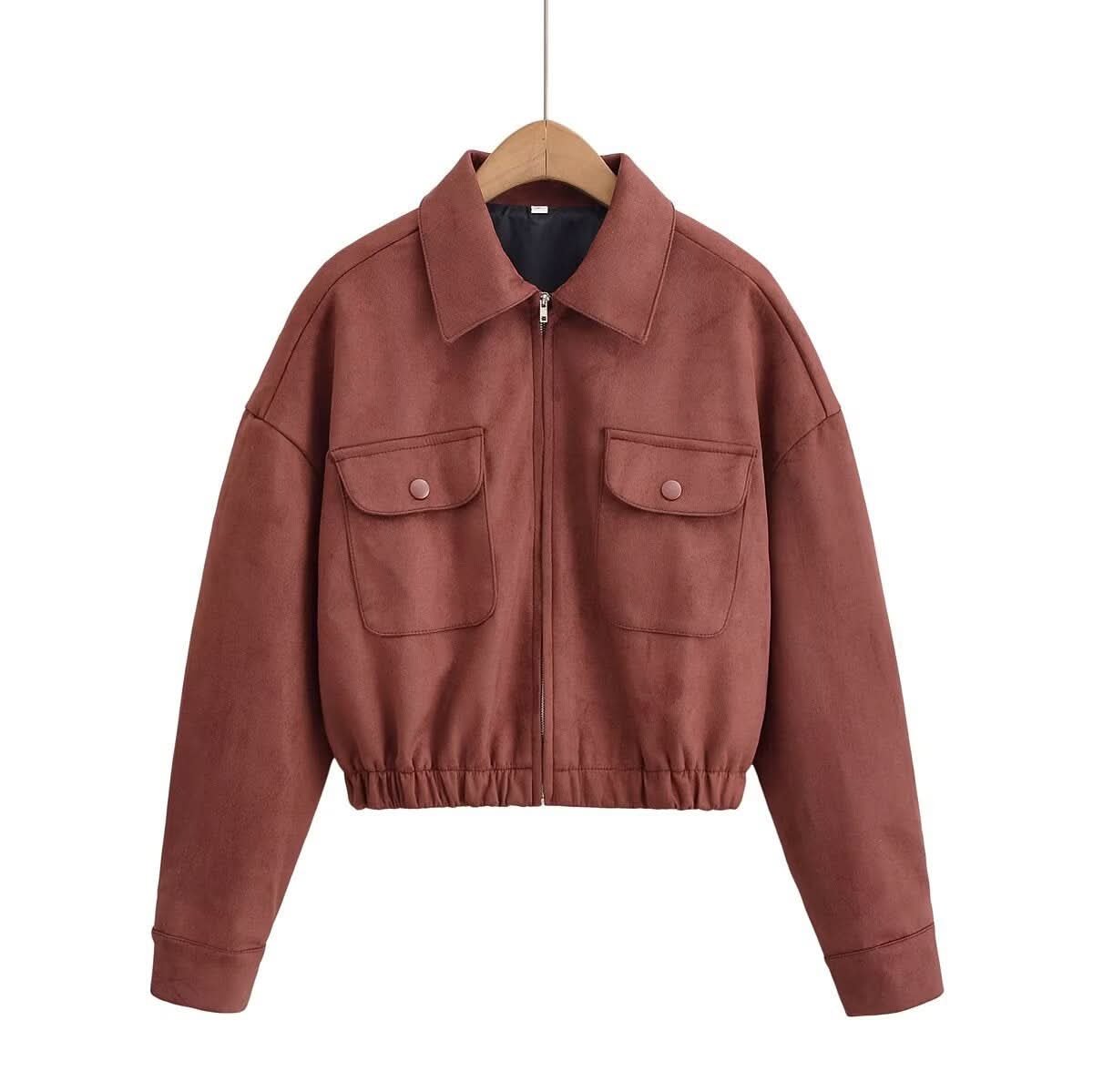 Umlegekragen Tasche Saum lockere Wildlederjacke