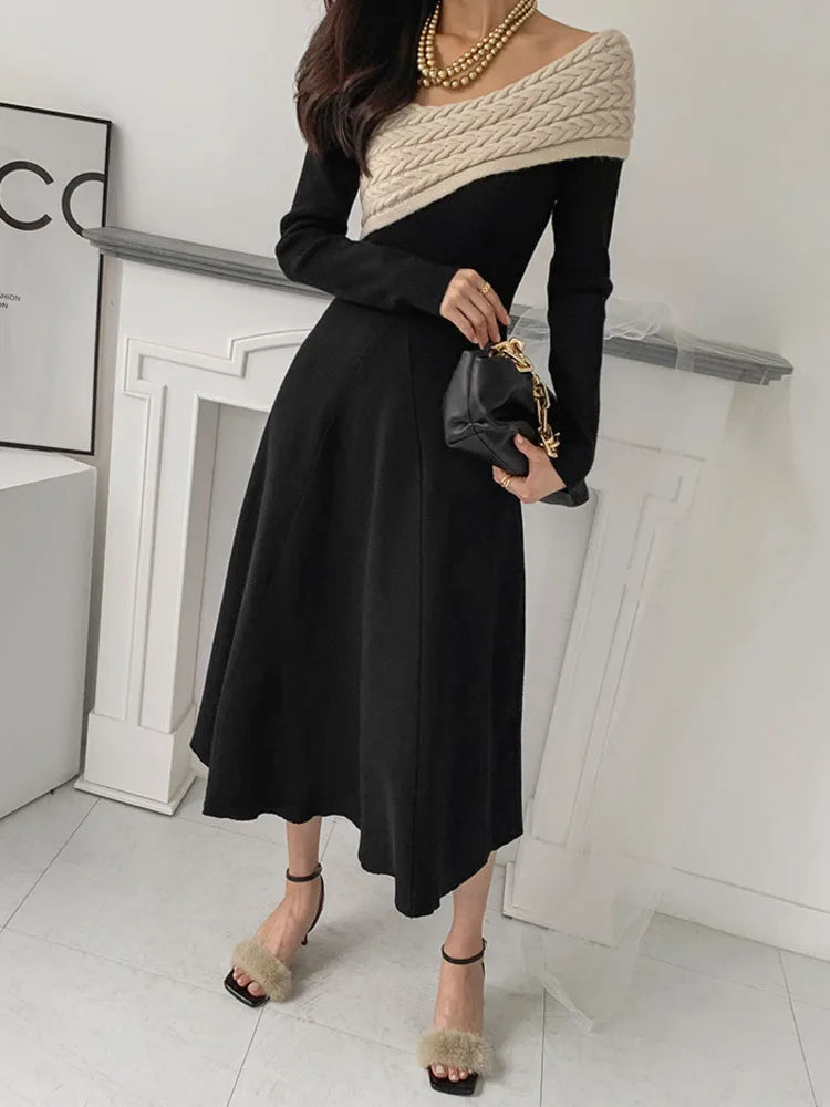 Irregular Collar Knit Spliced Dress For Women Fashion Contrast Color Niche Design Vestido Autumn New Tide
