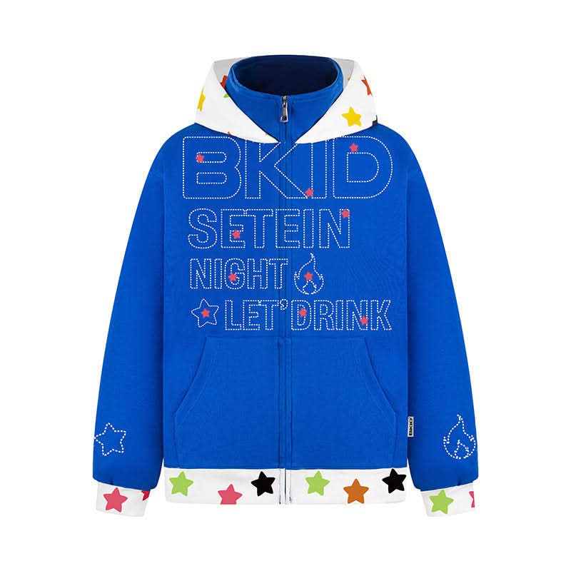 Patchwork Hooded Zip-Up Sweatshirt Loose Casual Outerwear Top