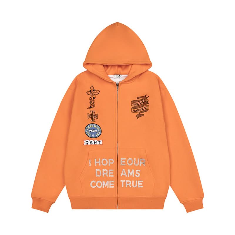 Embroidery Hooded Zip-Up Sweatshirt Unisex Loose Versatile Fleece Lined Jacket Trendy
