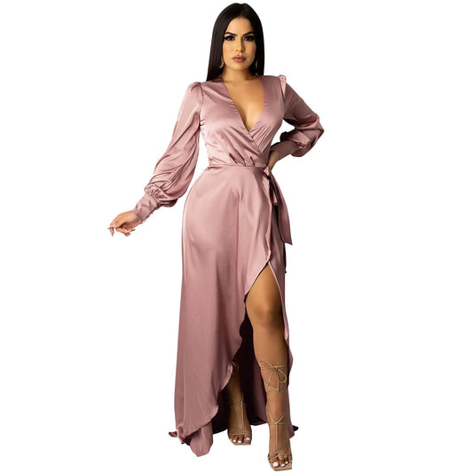 Fashion-sexy Damen Maxikleid mit tiefem V-Ausschnitt, Wickeldesign, langen Ärmeln und Schlitz, einfarbig