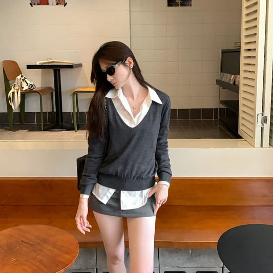 Lockerer, lässiger grauer V-Ausschnitt-Strickpullover mit langen Ärmeln für Damen, leichte, elegante, figurbetonte Oberbekleidung